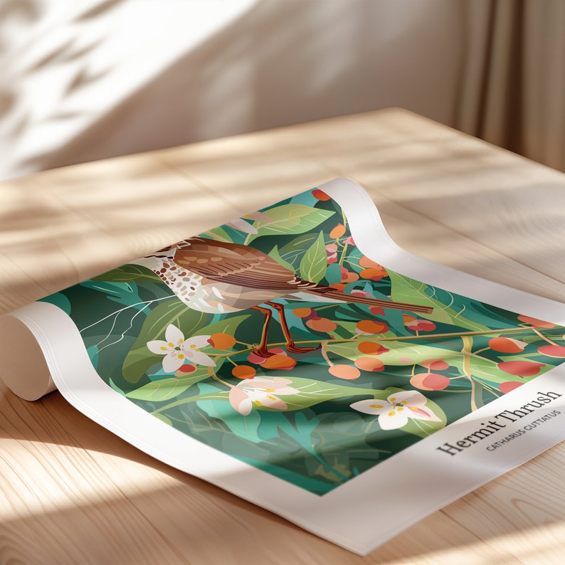 May include: A rolled-up poster featuring a Hermit Thrush illustration. The artwork depicts a brown and white bird perched on a branch with orange berries and white flowers, set against a dark green background. The poster is on a wooden surface.