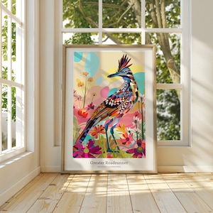 May include: A colorful geometric illustration of a Greater Roadrunner bird, also known as Geococcyx californianus, standing in a field of flowers. The bird is depicted in a vibrant mix of colors, including blue, green, yellow, orange, and red.