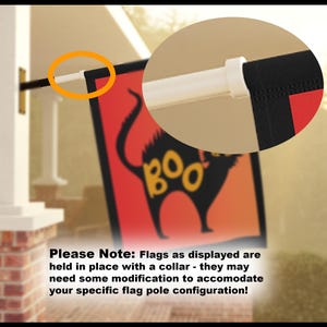 May include: A black cat with the word "BOO" on its back is featured on a red and orange Halloween flag. The flag is attached to a white flagpole with a black collar.