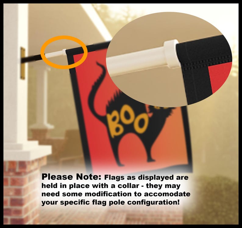 May include: A black cat with the word "BOO" on its back is featured on a red and orange Halloween flag. The flag is attached to a white flagpole with a black collar.