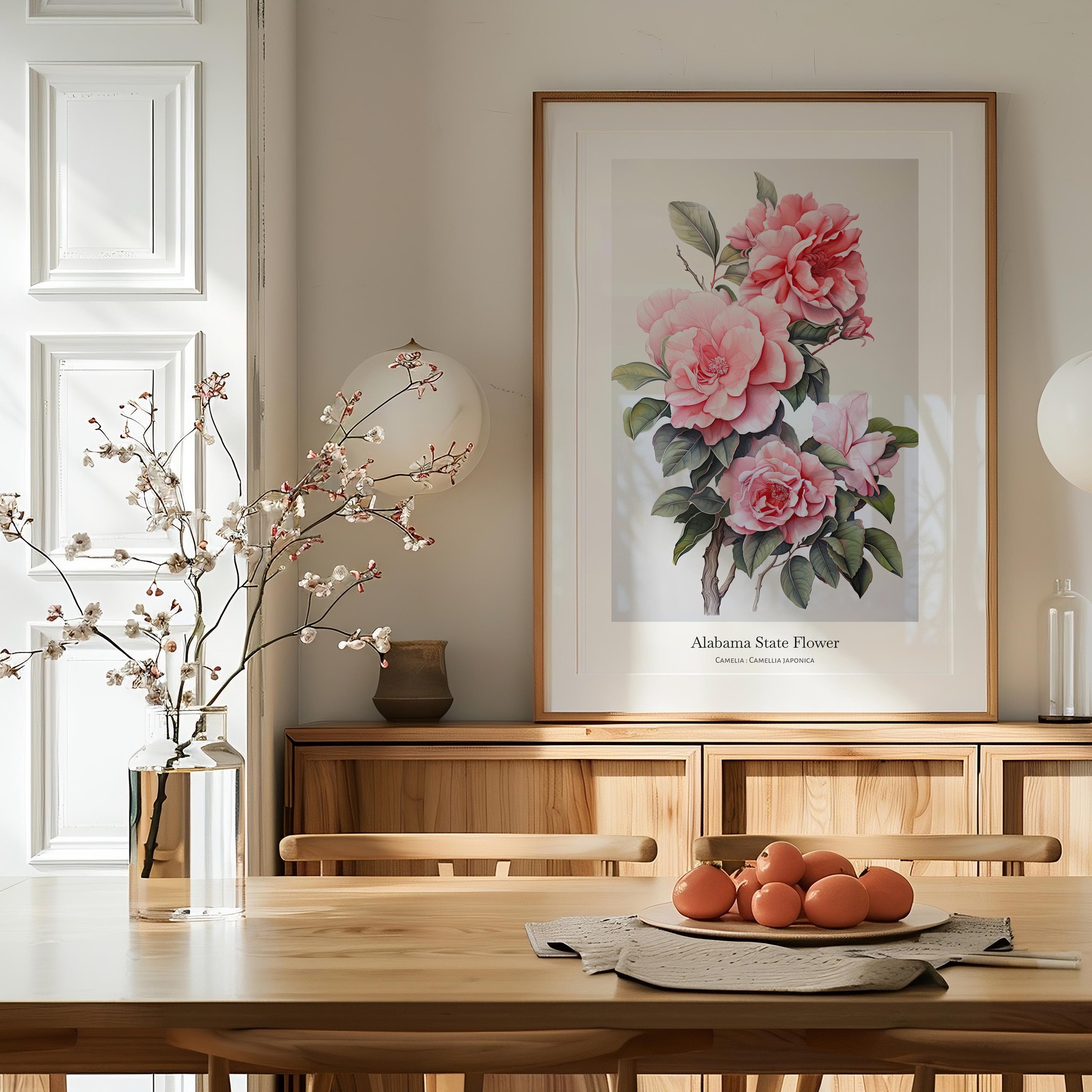 ALABAMA State Flower, Camelia Wall Art Poster, Matte Vertical