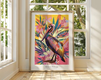 Impression d'art pélican brun : oiseau de l'État de Louisiane, décoration d'intérieur vibrante