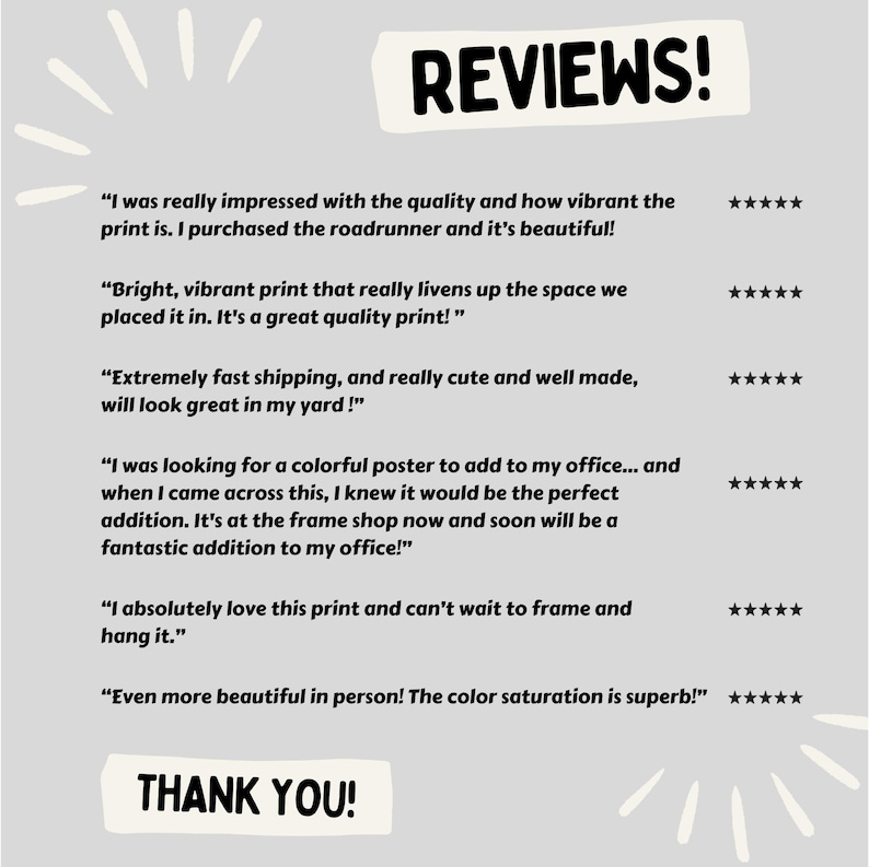Pode incluir: Um p&ocirc;ster cinza claro com a palavra "REVIEWS!" em preto. Abaixo est&atilde;o as avalia&ccedil;&otilde;es dos clientes com classifica&ccedil;&otilde;es de cinco estrelas. A parte inferior do p&ocirc;ster diz "THANK YOU!" em preto, com elementos decorativos brancos.