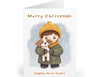 Puede incluir: Tarjeta de felicitación plegada con una ilustración en acuarela de un niño con gorro amarillo y abrigo verde sosteniendo un cachorro. La tarjeta dice "Merry Christmas" y "Happy New Year!" en texto marrón sobre un fondo nevado.