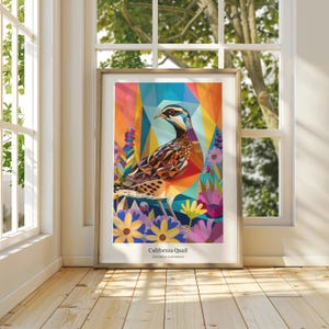 Póster vertical mate de codorniz de California, póster de aves, colores vibrantes, impresión de calidad de museo, decoración de aves del estado de California, arte mural para el hogar