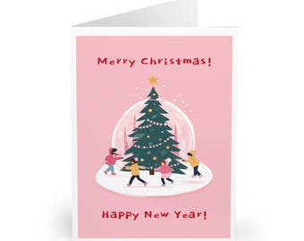 Puede incluir: Tarjeta de Navidad con fondo rosa y texto "¡Feliz Navidad!" y "¡Feliz Año Nuevo!". La tarjeta presenta un globo de nieve con un árbol de Navidad y niños jugando alrededor.