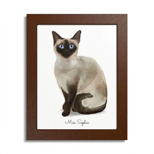 Framed Siamese Cat Portrait, Hand Painted Watercolor, Your Pet's name, Wooden Frame in 2 sizes 3 colors, Plexiglass + Hanging kit