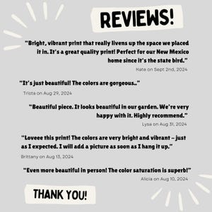 May include: A collection of positive customer reviews for a product, featuring quotes about the product's quality, beauty, and vibrant colors. The reviews are displayed on a gray background with white text and a black border. The text "REVIEWS!" is displayed in large, bold letters at the top of the image. The text "THANK YOU!" is displayed in large, bold letters at the bottom of the image.