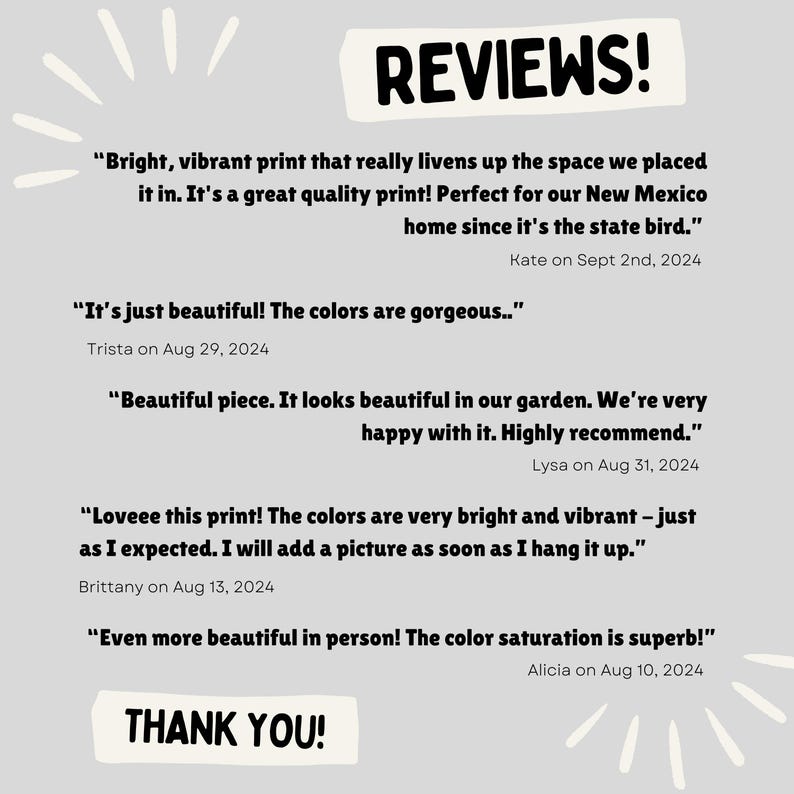 May include: A collection of positive customer reviews for a product, featuring quotes about the product's quality, beauty, and vibrant colors. The reviews are displayed on a gray background with white text and a black border. The text "REVIEWS!" is displayed in large, bold letters at the top of the image. The text "THANK YOU!" is displayed in large, bold letters at the bottom of the image.