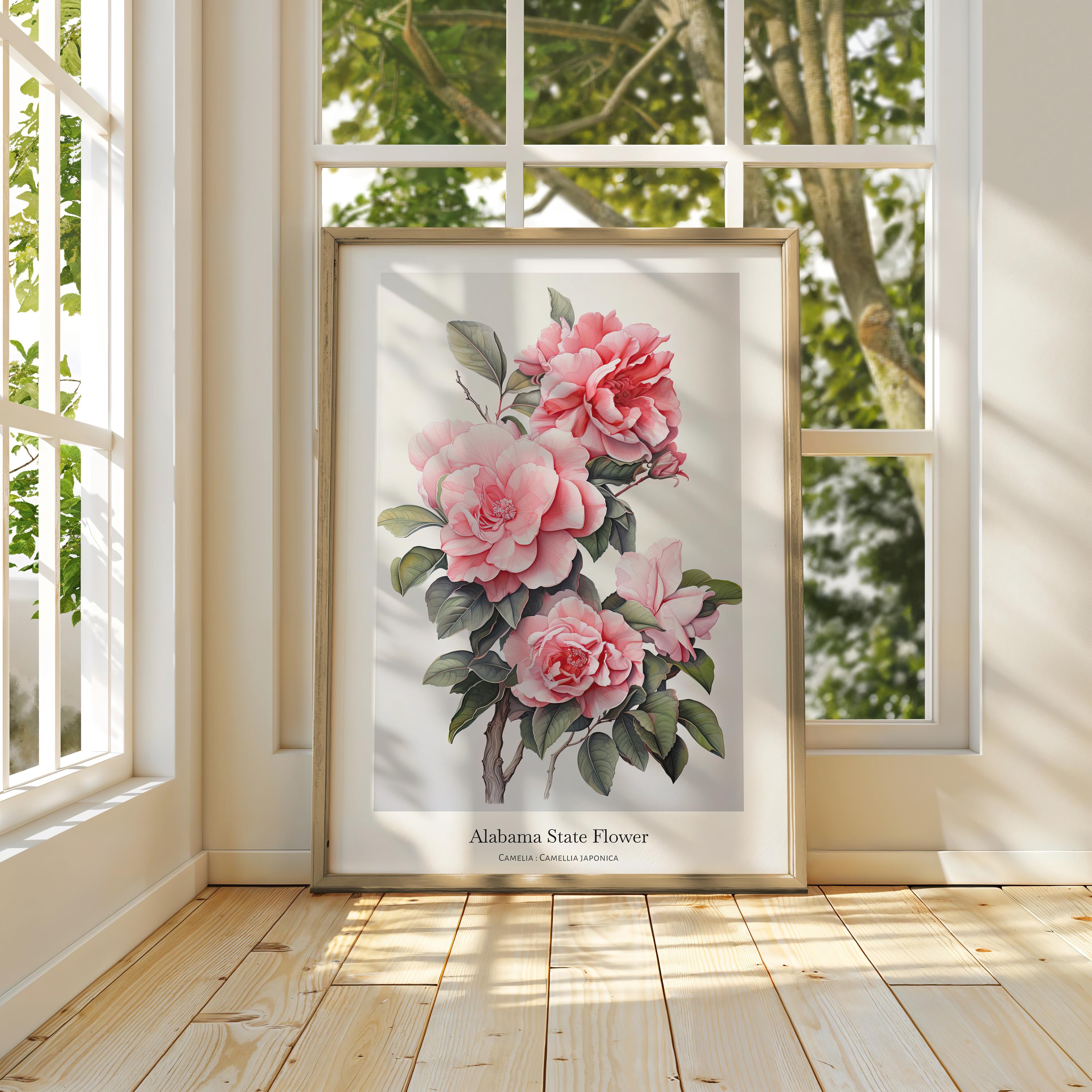 ALBA ROSA ポスター 縦84cm×横59cm ALABAMA State Flower, Camelia Wall Art Poster, Matte Vertical