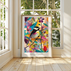 Póster de arte mural colorido, pájaro estatal de Maine: carbonero. Impresión con calidad de museo. Decoración vibrante para el hogar. Arte de aves estatales. 5 tamaños. Un excelente regalo para observadores de aves.