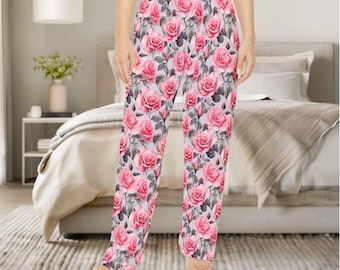 Women's Pajama Pants, Rose Blossoms Festive Loungewear PJ Bottoms, Fun Sleepwear for Her, Cute Lounge Pants, Great Gift Pajamas for Her