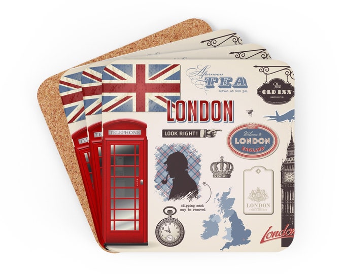 London Calling: Set of 4 Durable Cork Coasters with Iconic Illustrations