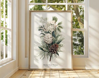 MAINE State Flower, White Pine Cone and Tassel Wall Art Poster, Matte Posters, Nature Flower Print, Museum Grade Paper, Beautiful Art Gift