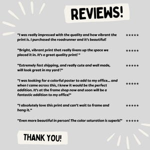 May include: A light gray poster with the word "REVIEWS!" in black. Below are customer reviews with five-star ratings. The bottom of the poster says "THANK YOU!" in black. The poster has a light gray background with white decorative elements.
