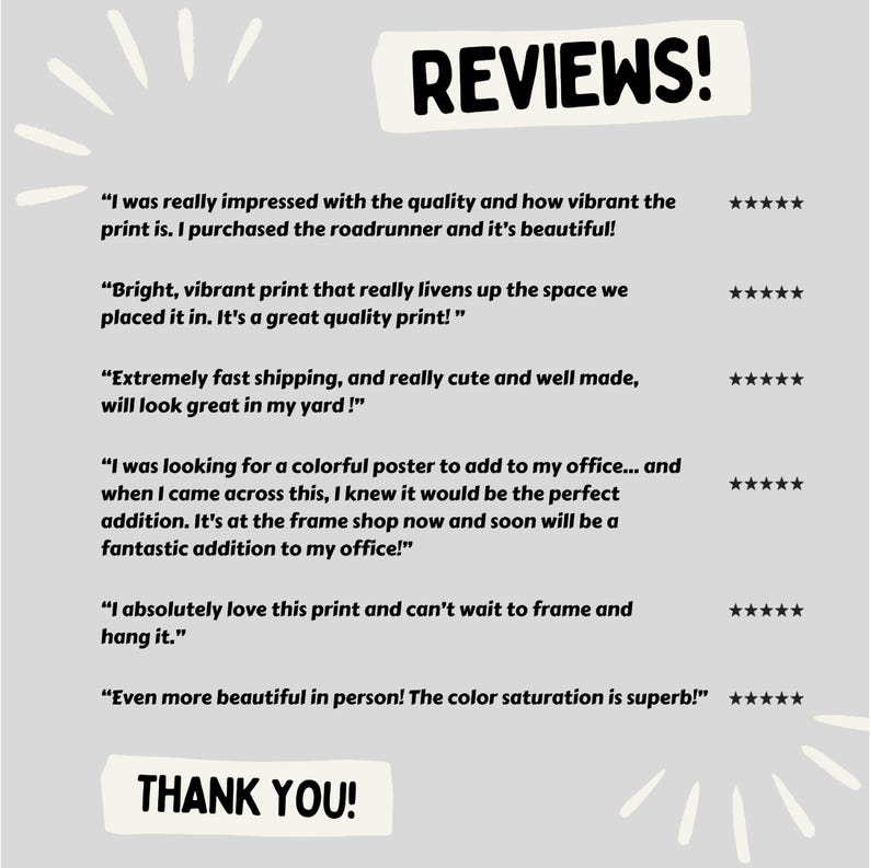 May include: A light gray poster with the word "REVIEWS!" in black. Below are customer reviews with five-star ratings. The bottom of the poster says "THANK YOU!" in black. The poster has a light gray background with white decorative elements.