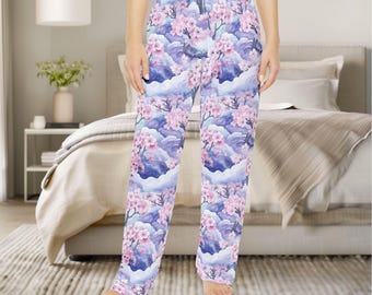 Cherry Blossom Pattern Women's Pajama Pants, Festive Loungewear PJ Bottoms, Fun Sleepwear for Her, Cute Lounge Pants, Great Gift Pajamas