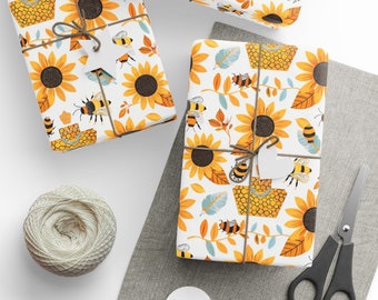 Wrapping Paper with Sunflowers and Bees, This Floral Gift Wrap comes in 3 sizes and 2 finishes, perfect wrap for any spring summer present!