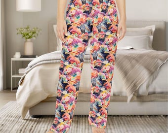 Asian Inspired Floral Pattern Women's Pajama Pants, Festive Loungewear PJ Bottoms, Sleepwear for Her, Cute Lounge Pants, Great Gift Pajamas