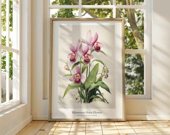 Pink Lady Slipper Print: Minnesota State Flower, Botanical Art Poster