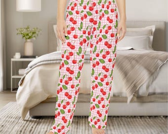 Women's Pajama Pants, Cherry Fruit Festive Loungewear PJ Bottoms, Fun Sleepwear for Her, Cute Lounge Pants, Great Gift Pajamas for Her
