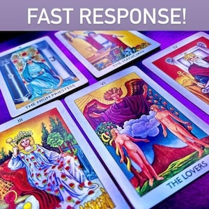 May include: Tarot card reading spread with ten cards, including The High Priestess, The Magician, The Lovers, and The Emperor. The cards are laid out on a purple surface.