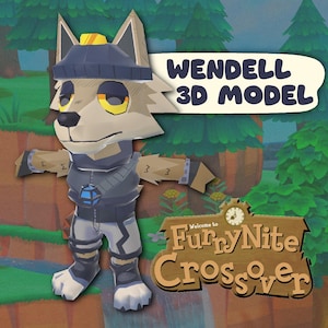 May include: A 3D model of a tan wolf character wearing a dark blue hat, a dark blue vest with a blue glowing pendant, and dark blue pants. The text WENDELL 3D MODEL and Welcome to FurryNite Crossover are displayed in the image with a forest background.