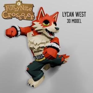 May include: A low-poly 3D model of a stylized orange and cream-colored wolf character named Lycan West. The character wears dark pants with a belt and white wrist cuffs, posed in a dynamic action stance. Text reads Welcome to FurryNite Crossover.
