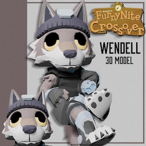 May include: A 3D model of a stylized wolf character named Wendell, wearing a dark gray beanie and tactical vest. The character has large black eyes, light gray fur, and white paw pads. Text reads Welcome to FurryNite Crossover WENDELL 3D MODEL.