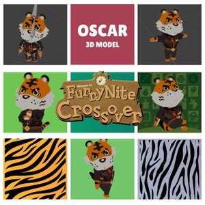 Puede incluir: Un modelo 3D de un personaje tigre llamado Oscar que viste un traje oscuro con corbata roja. La imagen incluye el texto Oscar 3D Model y Welcome to FurryNite Crossover, junto con varias poses del personaje y patrones de rayas de tigre.