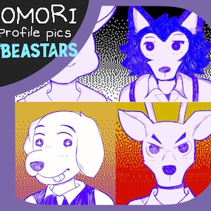 Puede incluir: Una ilustración digital de cuatro personajes de la serie de anime "Beastars". Los personajes son un lobo, un ciervo, un perro y un conejo. La ilustración está en estilo pixelado y tiene un esquema de color morado, amarillo y rojo. El texto "OMORI Profile pics BEASTARS" está en la parte superior de la imagen.