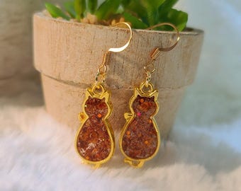 Orange Glitter Cat Resin Earrings: Hypoallergenic Cat Lover