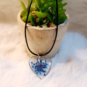 Heart resin necklace handmade jewelry heart shaped jewelry real blue flower jewelry pressed flower necklace gift for her gift for mom