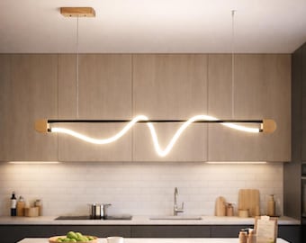 Copper Linear Wood Chandelier with Neon LED Tube,Modern Dining Table Light,Kitchen Island Pendant,Contemporary Industrial Ceiling Lighting