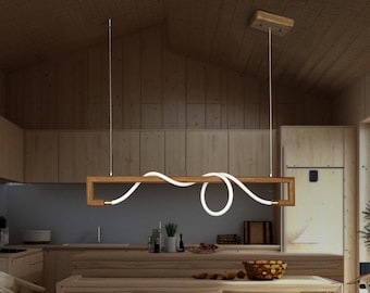 Houten hanglamp voor schuin plafond, keukenkroonluchter, lineaire houten hanglamp, moderne kroonluchter eetkamer, verlichting keukeneiland