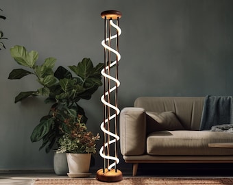 Wooden Floor Lamp for living room,Dimmable Warm Light Floor Lamp,Industrial Rustic Boho Floor Lamp,Neon Led Light Spiral Floor Lamp