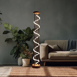 Wooden Floor Lamp for living room,Dimmable Warm Light Floor Lamp,Industrial Rustic Boho Floor Lamp,Neon Led Light Spiral Floor Lamp