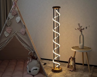 Lampada da terra in legno per cameretta dei bambini, lampada da terra con luce calda, lampada da terra rustica industriale in stile Boho, lampada da terra con luce al neon a LED per soggiorno