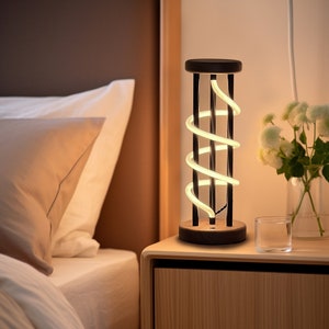 Bedside dimmable led Lamp,Desk Lamp,Industrial Lamp,Bedroom Light fixture,Modern Lamp Neon Light,Round Table Lamp Pair,Wooden Table Lamp