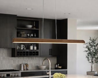 Wood Pendant Linear Lighting for Dining Room,Kitchen Island Light,Wooden Hanging Led Light Lamp Modern Chandelier over the table