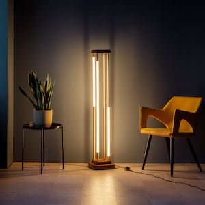 Modern Wood Floor Lamp,Wood Arc Floor Lamp,Industrial Rustic Scandinavian Vintage Boho Floor Lamp,Neon Led Light Floor Lamp for living room