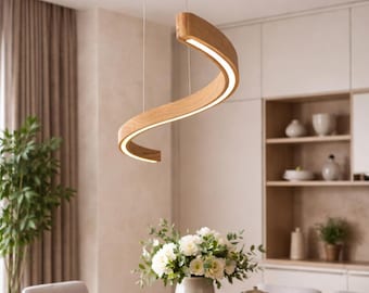 Wood Pendant Light, Modern Wooden LED Pendant Lamp, Curved Wood Hanging Light, Dining Room Island Lighting, Handmade Wood Chandelier