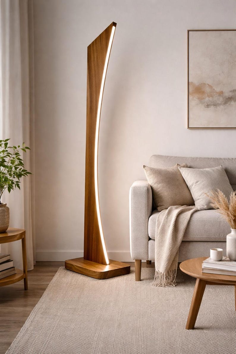 Modern Wooden LED Floor Lamp,Modern Minimalist Standing Lamp,Scandinavian Living Room Floor Light,Handmade Solid Wood Lamp,Wooden Torchere image 1