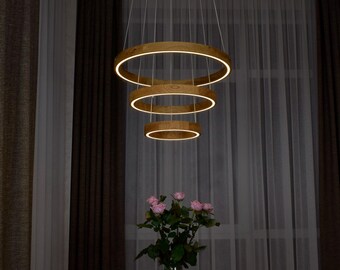 Ronde kroonluchterverlichting eetkamer, houten verlichting, ronde keukeneiland lamp, lineaire houten kroonluchter, plafondlamp, houten hanglamp