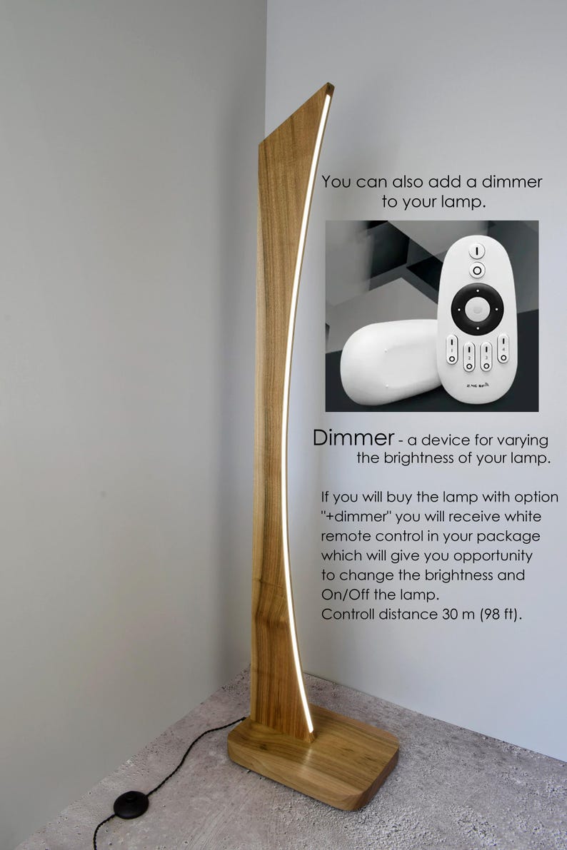 May include: A wooden floor lamp with a curved design and a bright white light strip. The lamp has a rectangular base and a dimmer option. The image also shows a white remote control. The text on the image says, "You can also add a dimmer to your lamp."