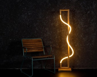 Wooden Floor Lamp Modern,Warm Light Floor Lamp Stand,Industrial Rustic Scandinavian Boho Floor Lamp,Neon Led Light Floor Lamp living room