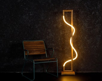Lampada da terra in legno moderna, lampada da terra con luce calda, lampada da terra rustica industriale scandinava boho, lampada da terra con luce a LED al neon per soggiorno