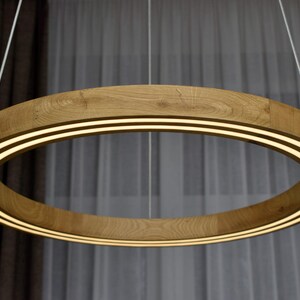 May include: A modern, circular pendant light fixture. The light has a wooden frame with two parallel, illuminated bands of light. The fixture hangs from two thin white cords against a neutral background.