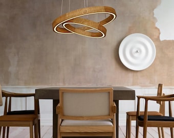 Ronde hanglamp voor eetkamer, houten verlichting, ronde keukeneilandlamp, lineaire houten kroonluchter, plafondlamp, houten kroonluchterverlichting