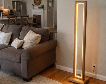 Modern Leather&Wood LED Floor Lamp,Minimalist Standing Light,Handmade unique Wood Lamp,Contemporary Living Room Lighting,Warm Ambient Light